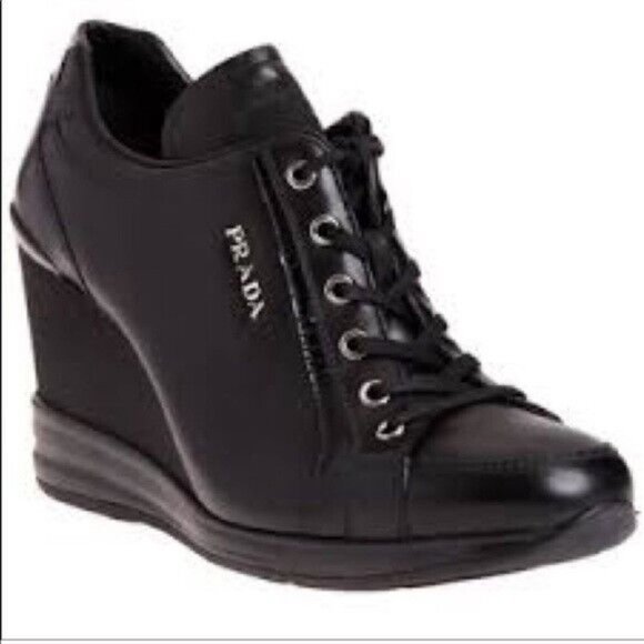 Authentic PRADASport Milano BlackLeather Logo Wedge LaceUp Sneakers EU38.5/US8.5 - Picture 1 of 16